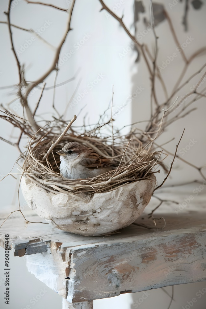Poster rustic minimalistic bird nest with a sleeping sparrow ai generated illustration