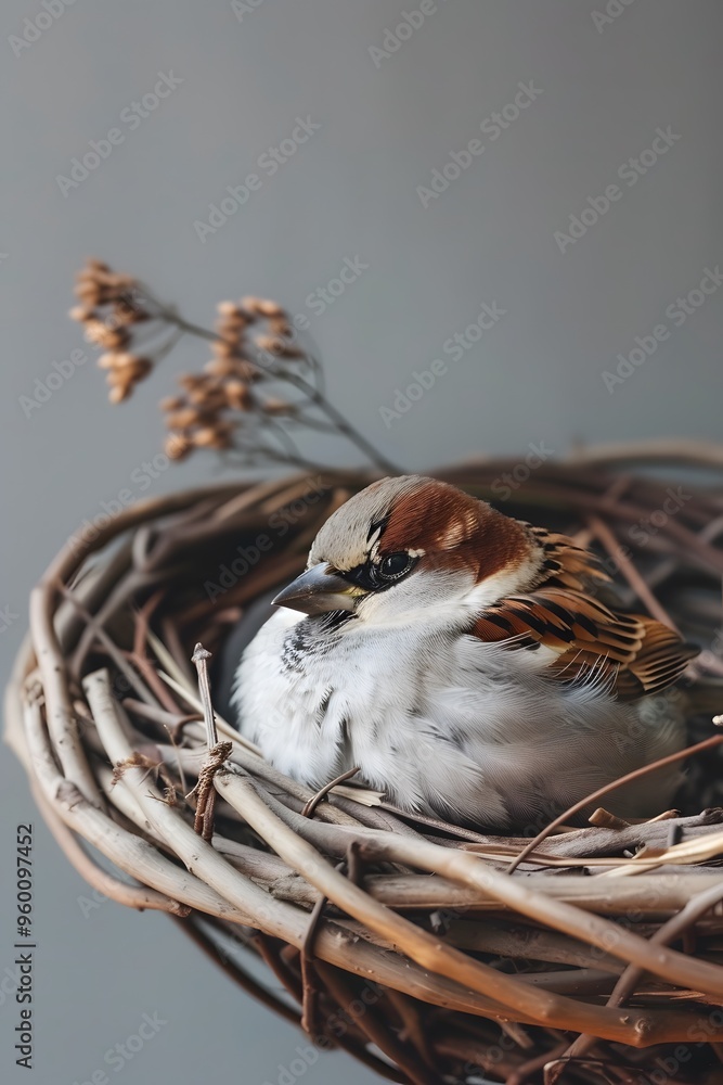 Poster rustic minimalistic bird nest with a sleeping sparrow ai generated illustration