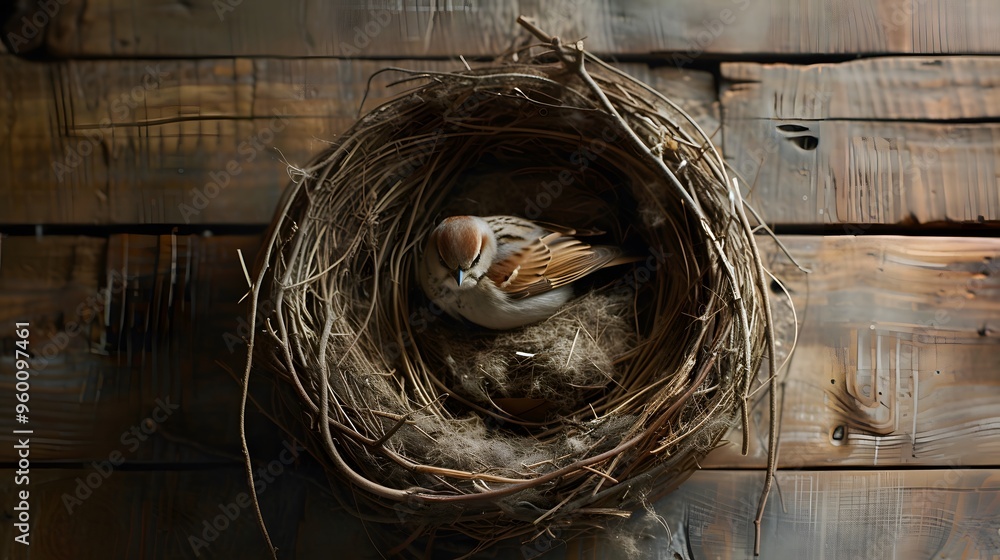 Poster rustic minimalistic bird nest with a sleeping sparrow ai generated illustration
