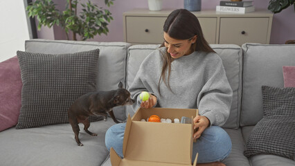 A smiling woman unpacks pet toys for her intrigued chihuahua on a cozy living room couch.