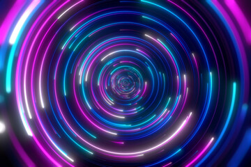 Minimal spiral in rotation. Abstract background in blue and purple neon colors. Rotating galaxy. Space background for event, party, carnival, celebration, anniversary or other. 3D rendering.