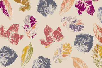 Grunge stamp leaves in autumn colors, hand-drawn imprints. Nature background