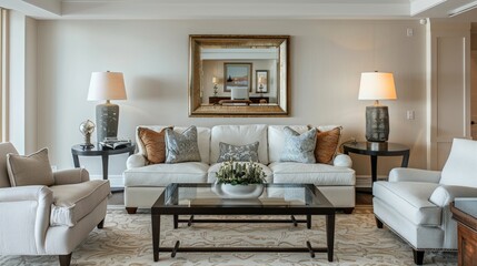 Living room with comfortable seating and a decorative wall mirror