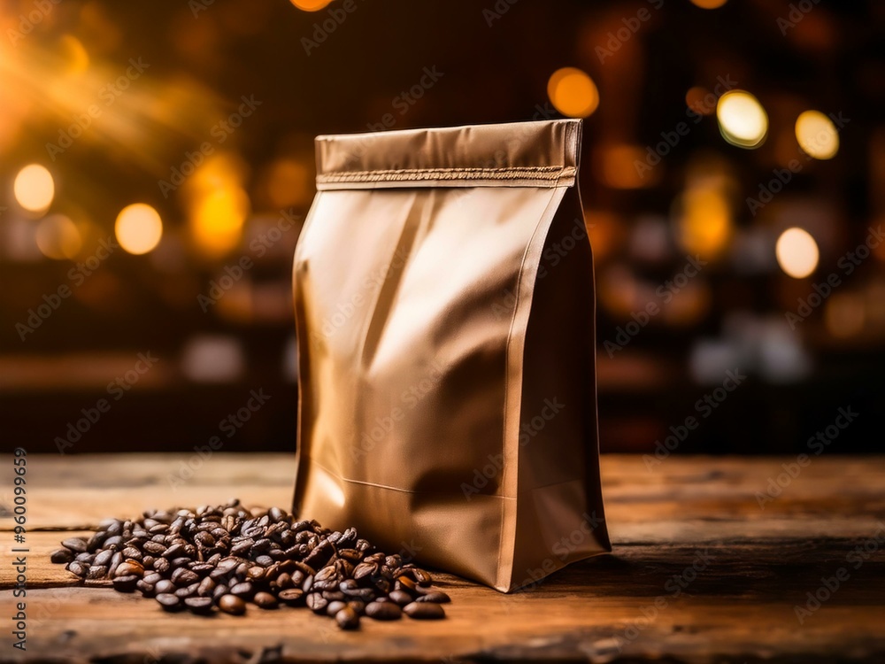 Poster a brown paper bag with a heap of coffee beans in front of it on a wooden surface.