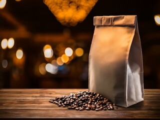A paper bag sits on a wooden table with coffee beans spilling out in front of it. The background is a blurred image of warm, yellow lights.