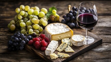 An elegant cheese platter featuring assorted cheeses, fresh grapes, raspberries, and a glass of red wine on a rustic wooden table.
