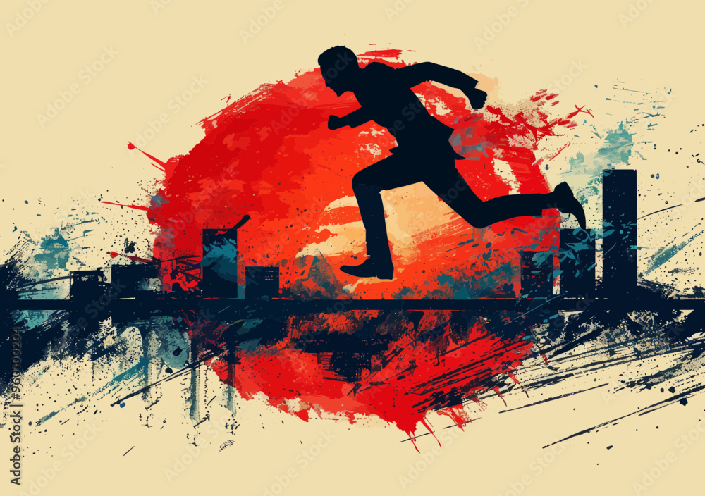 Poster business manager leaping over obstacles in urban setting - conceptual vector illustration of overcom