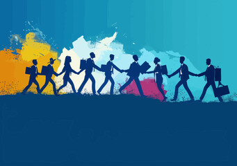 Obraz premium Businesspeople Joining Hands to Overcome Challenges, Collaborative Teamwork, Silhouettes Against Abstract Background, Minimalistic Vector Illustration, Partnership Concept