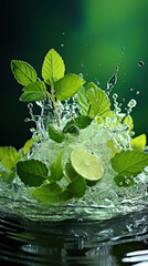 Small Cylinder Stand in Water Splash On Blurry Fresh Green Background