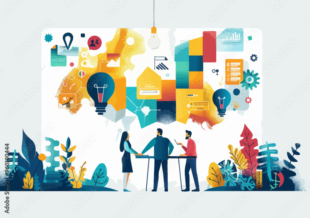 Poster collaborative team solving business problem with light bulb and puzzle pieces illustration, creative