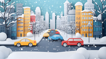 snow covered city street, flowing cars, pedestrians walking, all surrounded by a vivid paper cut craft cityscape, colorful and modern.