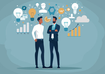Young Manager Presenting Business Plan Idea to Investor, Illustration Showing Steps to Profit with Graphs and Lightbulbs, Minimalist Vector Art