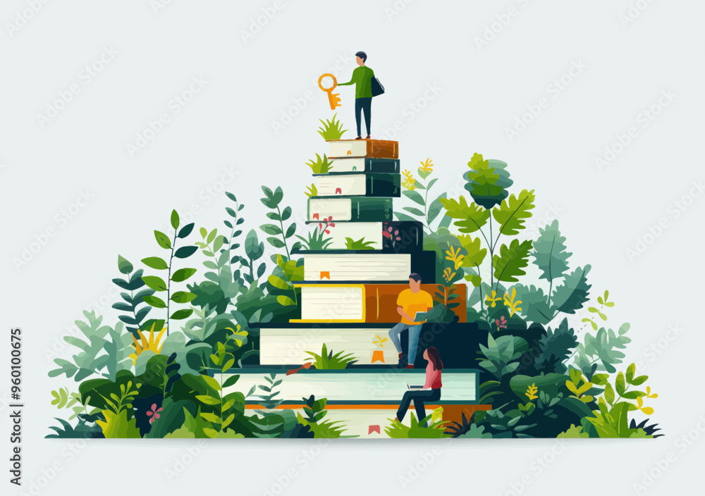 Poster business teamwork concept with manager holding key atop stack of books in minimalistic vector illust