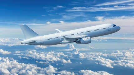 Commercial airplane flying in the blue sky with white clouds.