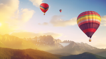Fototapeta premium Vibrant Hot Air Balloons Soaring Over Majestic Mountain Peaks