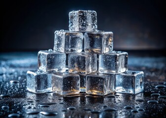 A pyramid of ice cubes glistening with dew, stacked precariously on a sheet of dark granite, with dramatic sidelighting to emphasize the geometric shapes.