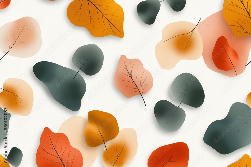 Poster a harmonious ensemble of autumn leaves in soft hues and intricate shadows on a gentle background