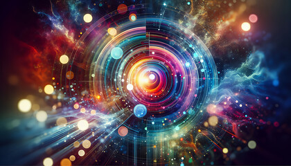 Dynamic representation of a neutron star or pulsar with light beams against a colorful cosmic background.
