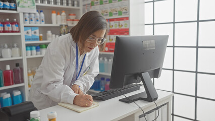 A mature woman pharmacist taking notes at a computer in a bright, modern drugstore