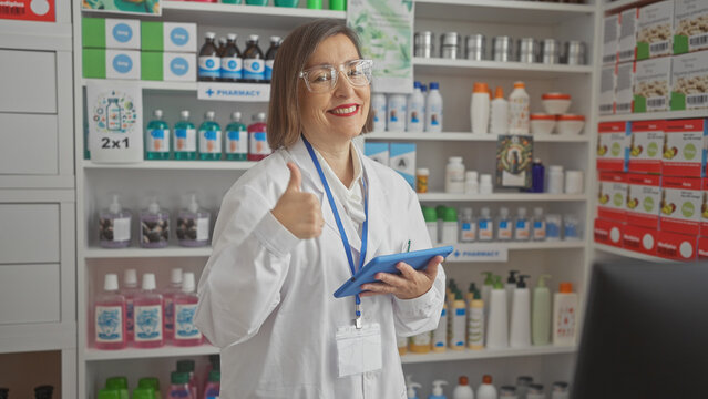 Smiling middle-aged woman pharmacist in white coat giving thumbs-up in well-stocked pharmacy - Powered by Adobe
