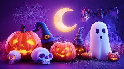A Halloween pumpkin with bats floating on the moon in a spooky, autumn night scene.