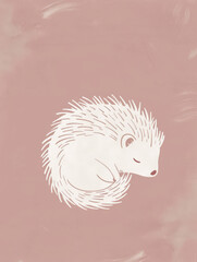 Fototapeta premium Simple white line drawing of a hedgehog on a soft blush pink background with a smooth texture. The hedgehog is depicted curled up.