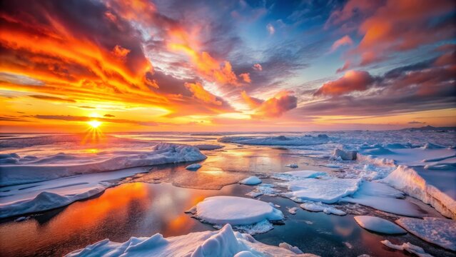 A stunning, high-dynamic-range image of an ice sheet at sunset, with vibrant oranges and pinks illuminating the snow and ice