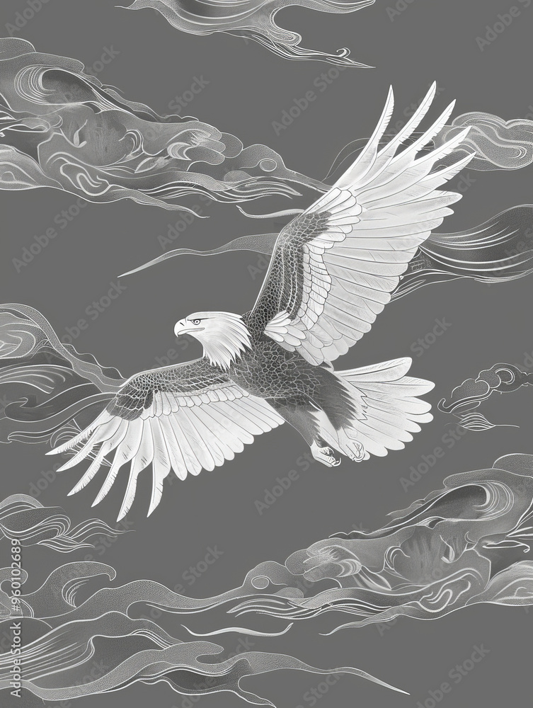 Poster simple white line drawing of an eagle on a stormy gray background with subtle cloud patterns. the ea