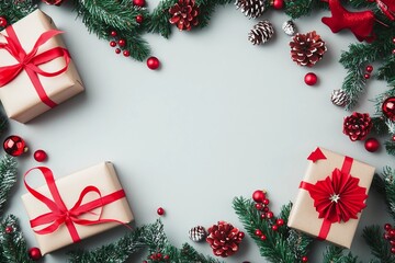 Christmas composition. Gift, wreaths, red decorations on pastel gray background. Christmas, winter, new year concept. Flat lay, top view, copy space