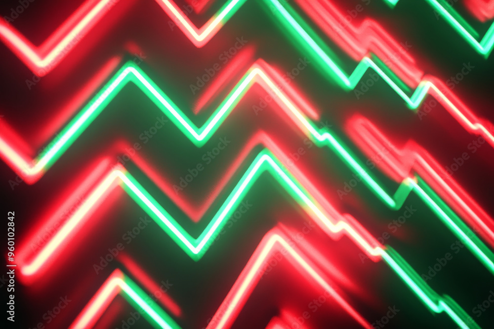 Poster a neon lighting background showcasing neon red and green zigzag lines forming an electrifying patter