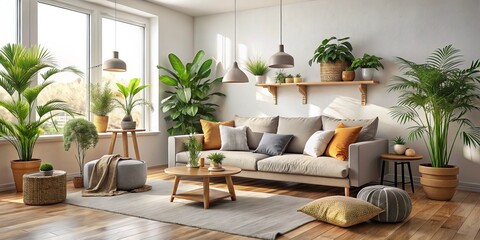 Fototapeta premium In this dull, empty living room, a few stray cushions and plants are scattered across the floor, trying
