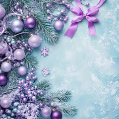 Design of New Year, Christmas greeting card, invitation with advertising space in mint, lilac, silver tones. Festive stylish illustration, template for print.