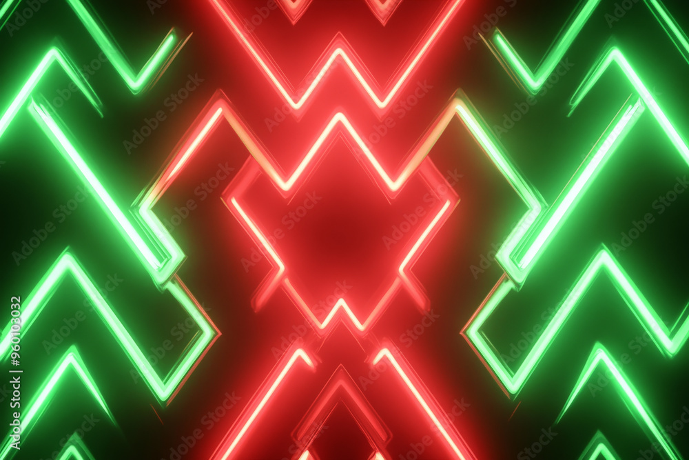 Poster a neon lighting background showcasing neon red and green zigzag lines forming an electrifying patter