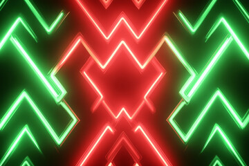 A neon lighting background showcasing neon red and green zigzag lines forming an electrifying pattern, with sharp angles and intense contrasts.