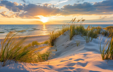 Serene sunset over sandy beach with tall grass dunes