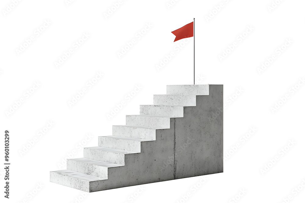 Poster concrete stair steps arranged progressively higher, ending with a red flag on the highest step. isol