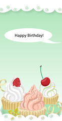 A cute greeting card with cream cupcakes, a cherry, raspberries, and a green-turquoise background. Vector graphics.