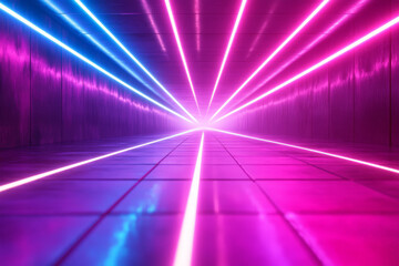 A neon lighting background with bright pink and blue lines forming a grid, casting a vibrant, retro-futuristic glow over the scene.