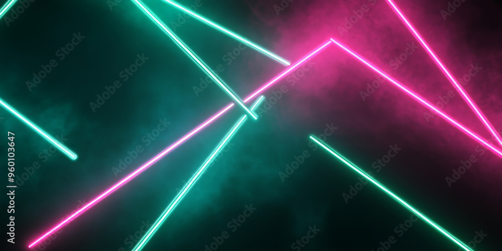 Poster a neon lighting background with intersecting green and magenta lines forming a sharp, dynamic patter