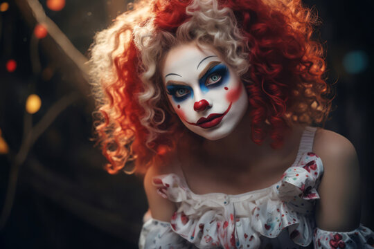 Redhead girl with clown makeup on her face