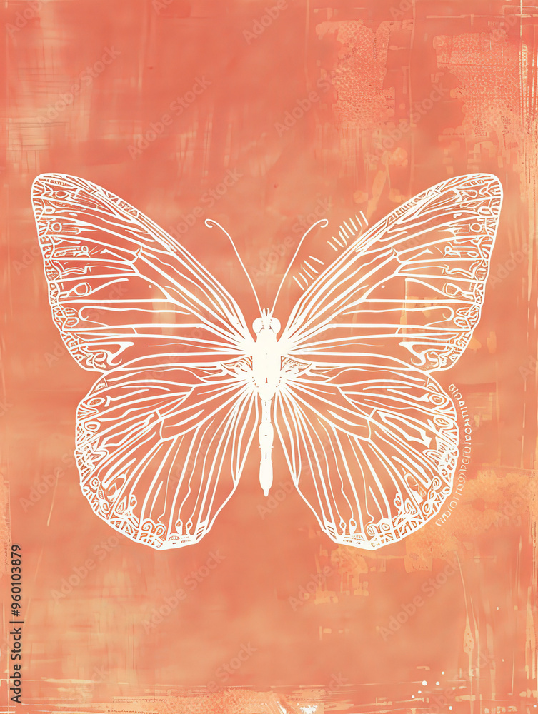 Poster simple white line drawing of a butterfly on a peach-colored textured background. the butterfly's win