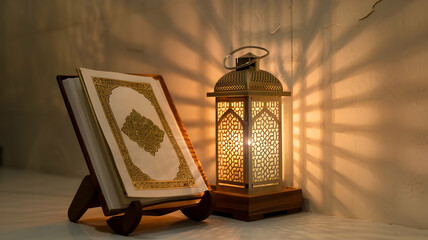 A beautifully illuminated Quran Kareem accompanied by a traditional lantern, set against a rich Islamic background adorned with intricate patterns and vibrant colors, Ramadan Kareem, 