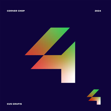 Number 4 corner chop or corner cut, font, lettering, typography with sharp edges, bold, masculine, and futuristic style. Perfect for logos, display, design elements etc.