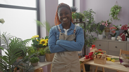 An african american woman with a bright smile stands with crossed arms in a florist's shop, surrounded by plants and flowers.