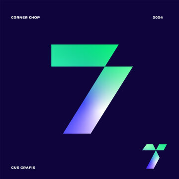 Number 7 corner chop or corner cut, font, lettering, typography with sharp edges, bold, masculine, and futuristic style. Perfect for logos, display, design elements etc.