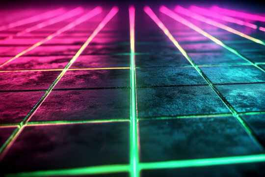 A neon lighting background featuring a grid of intersecting green and magenta neon lines, casting a vibrant glow over a sleek, dark surface.