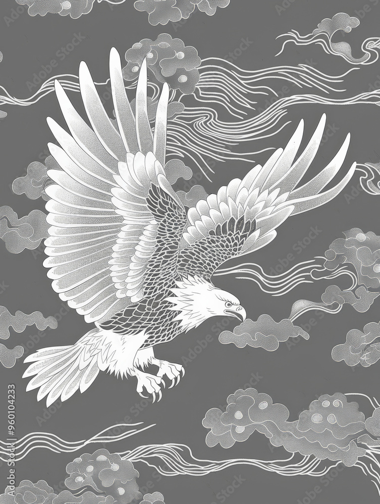 Poster simple white line drawing of an eagle on a stormy gray background with subtle cloud patterns. the ea