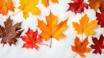 Colorful autumn leaves lie atop a blanket of pristine snow, creating a striking contrast between the vibrant yellows and the clean white surface, inviting tranquility and beauty