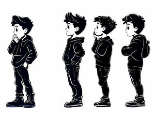 silhouette of a young boy, multiple poses and expressions, isolated, illustration	