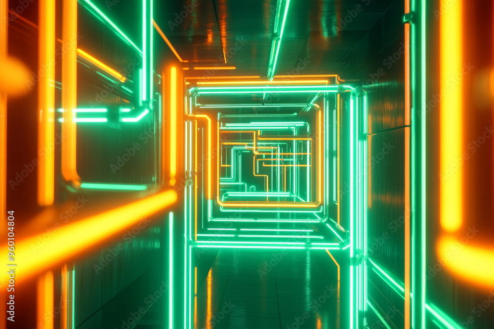 Poster a neon lighting background featuring a maze of glowing green and orange tubes, creating a complex, e